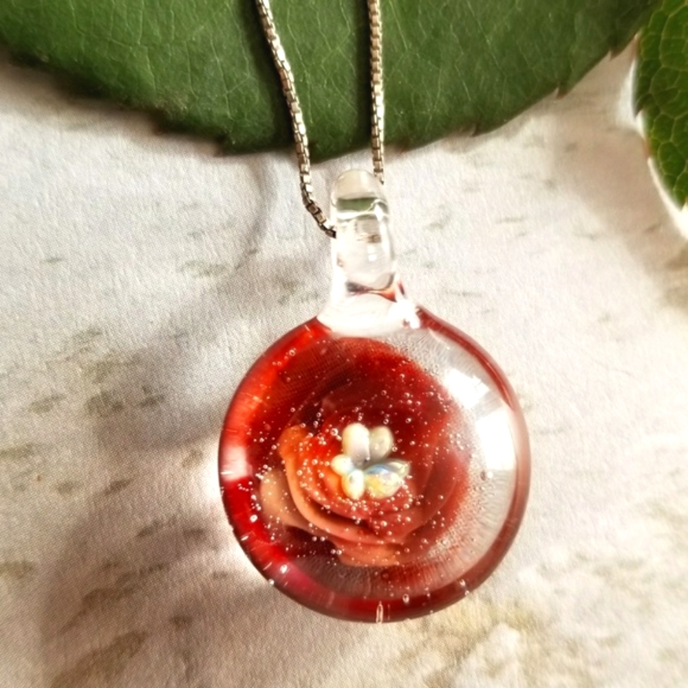 Glass rose necklace Sterling Silver pink red art jewelery floral blown